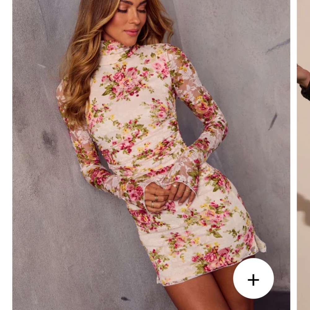 Vici Pink and Cream Floral Long Sleeve Dress